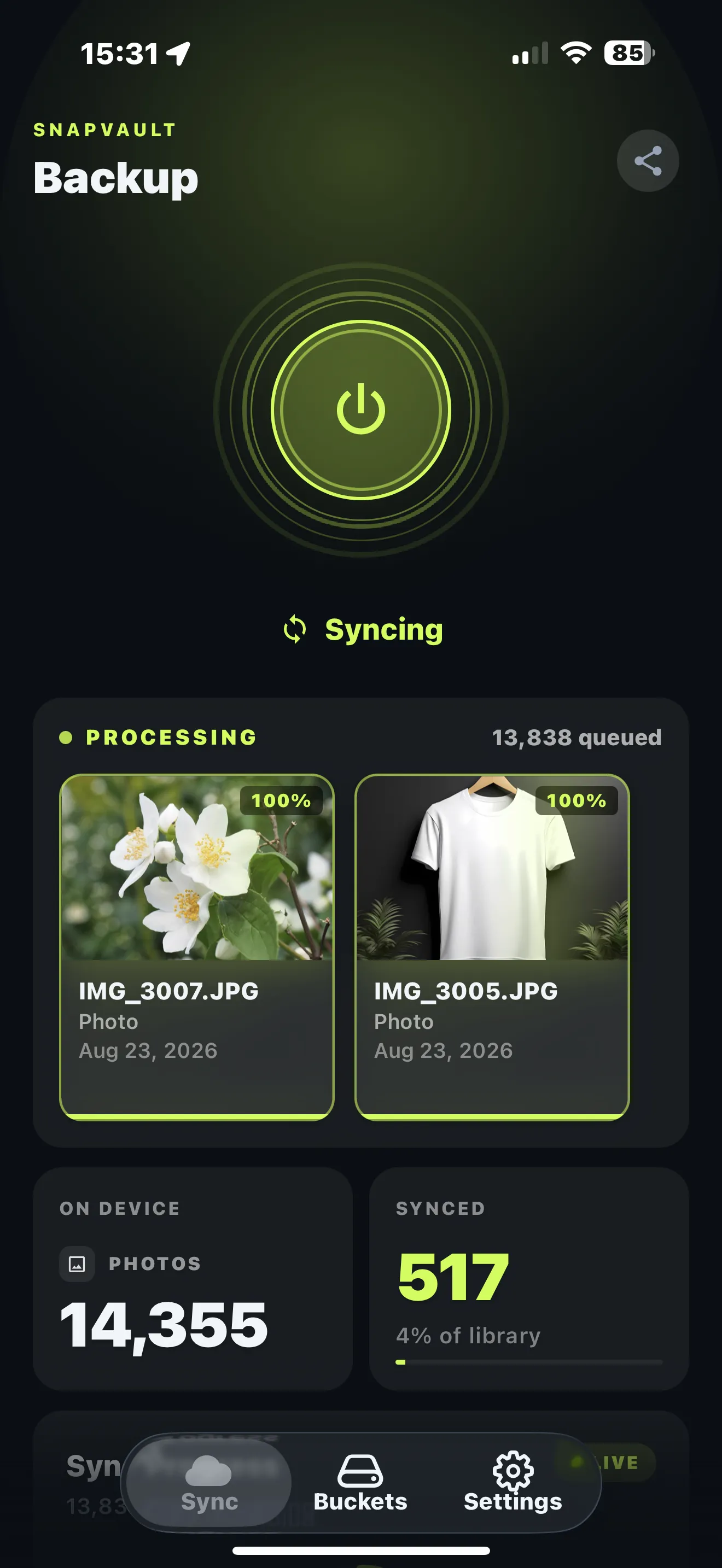 SnapVault home screen syncing two photos at once, with 13,838 files queued
