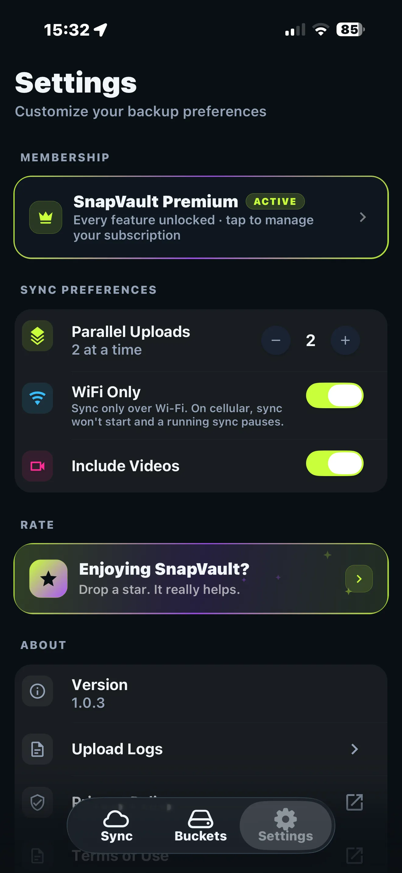 SnapVault settings: membership, parallel uploads, Wi-Fi only and include videos