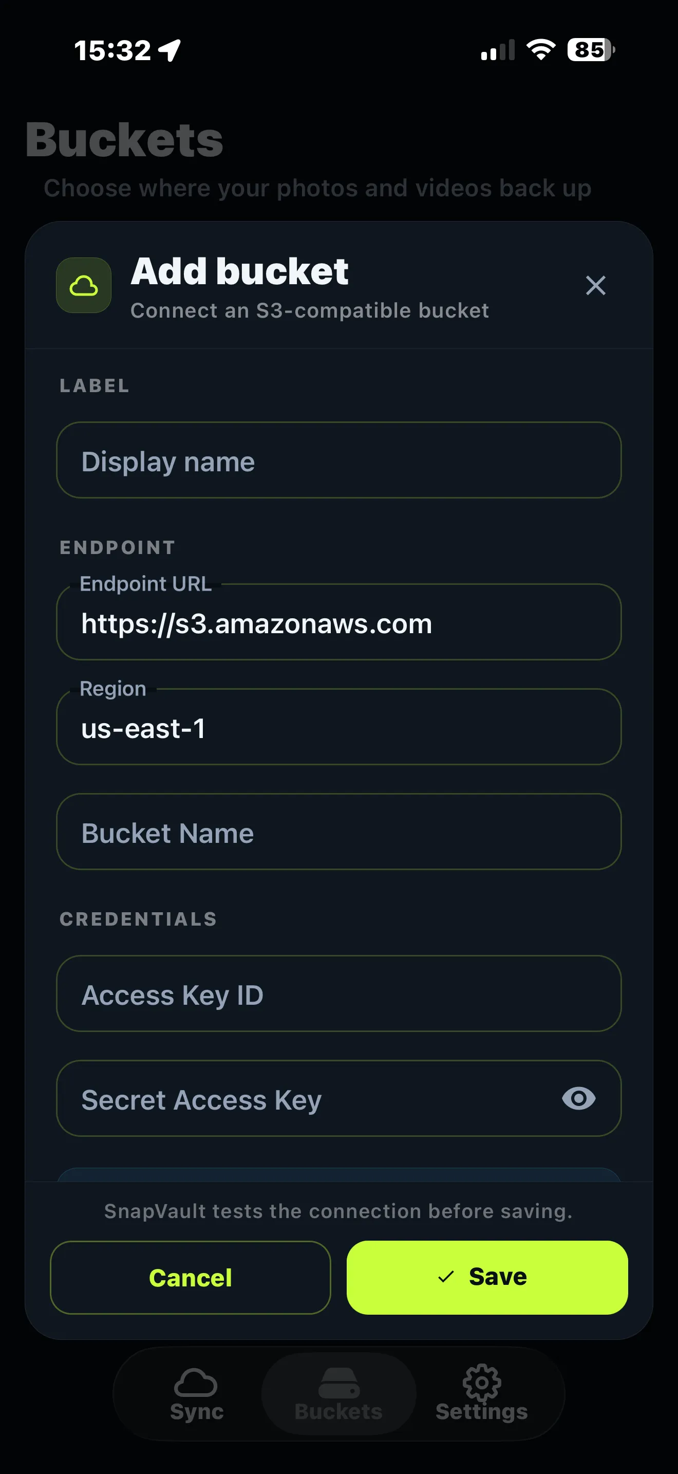 SnapVault add bucket sheet with endpoint URL, region, bucket name and access keys